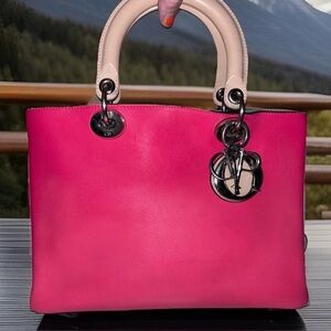 Christian Dior Diorissimo TriColor Rare Pink/Tan/Grey Leather Tote Bag with Card